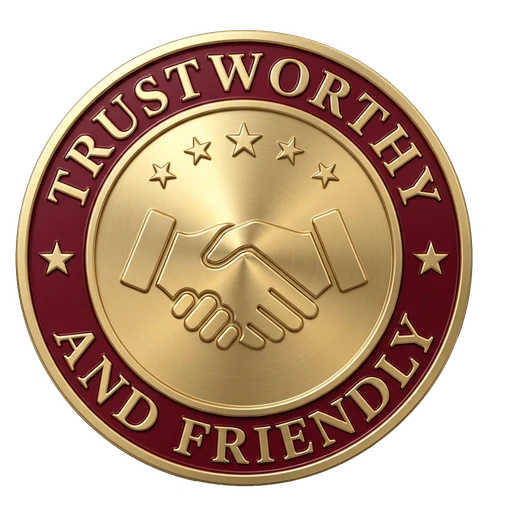 Trustworthy and friendly badge with handshake icon and five gold stars