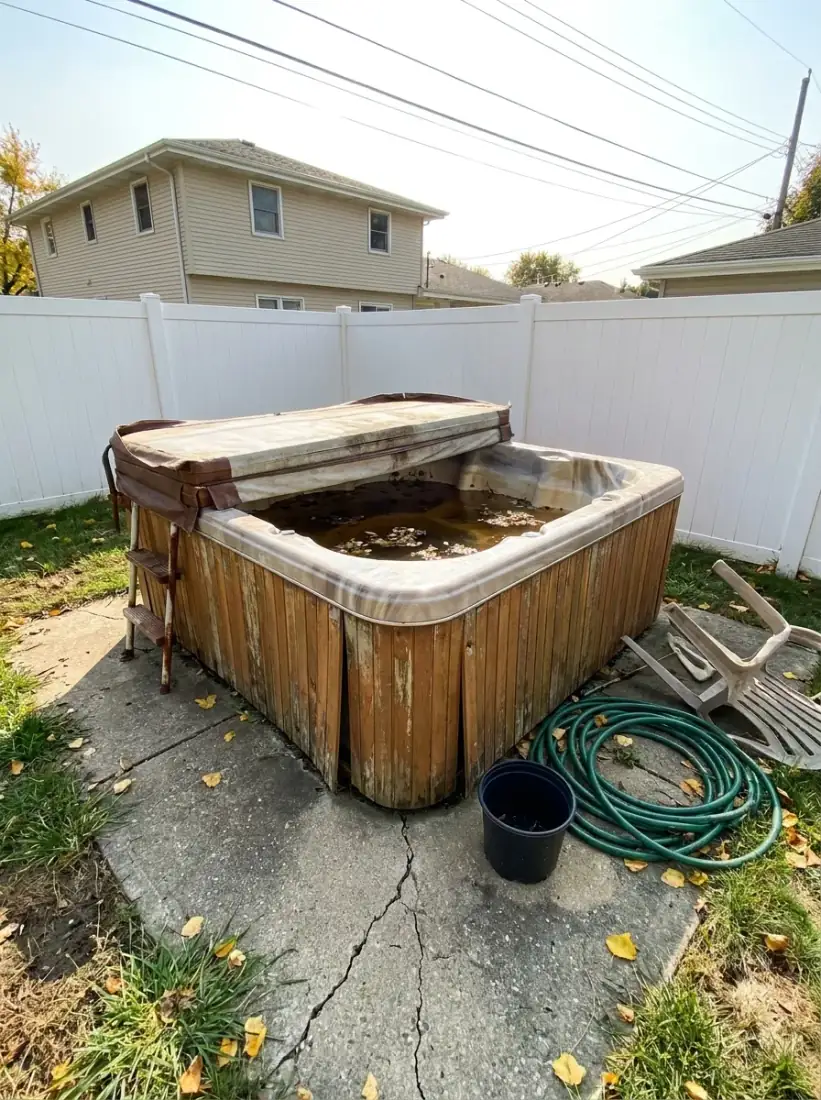 Backyard with worn-out hot tub with stagnant water before on-site dismantling