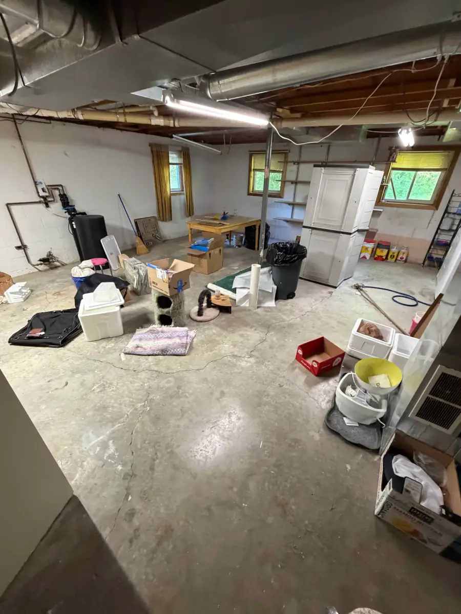 Living room and basement in East Peoria IL cluttered with old couches and electronics before removal