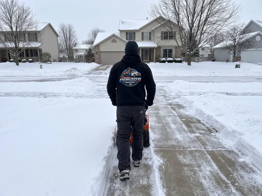 A Speedy Gonzo's Hauling crew member in a company hooded sweatshirt running a snow blower up a residential driveway, cleared concrete behind him and snow banked on both sides