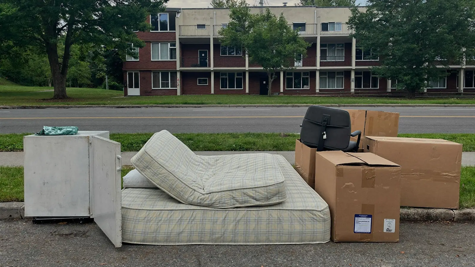 A futon, a mini fridge, a desk chair, and cardboard boxes left at the curb outside a brick apartment building
